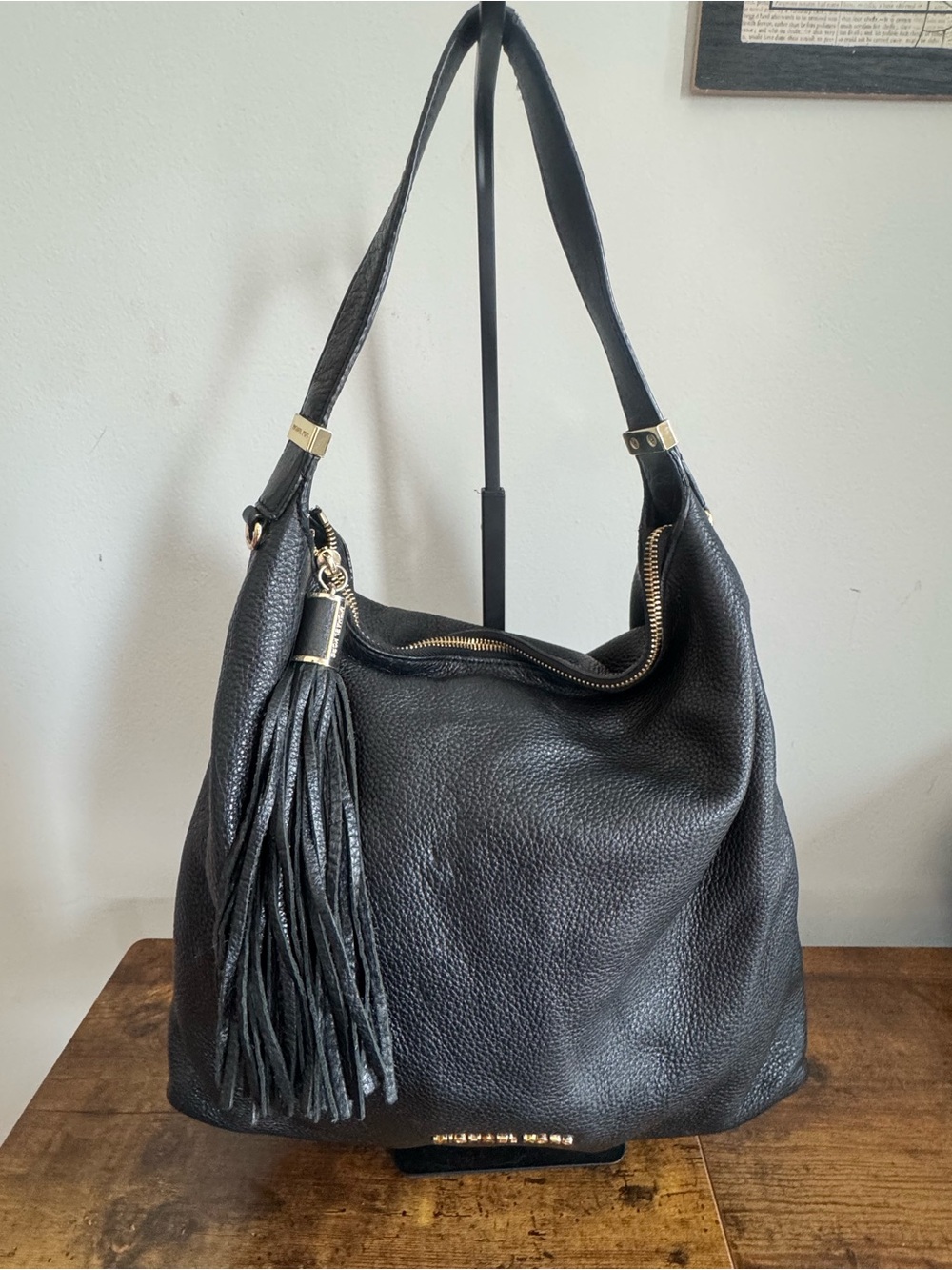 Michael Kors Black Leather Tassel Hobo Shoulder Bag - Picture 1 of 11